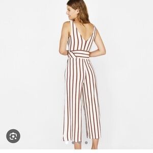 Bershka Anthropologie Jumpsuit Brown White Stripe Convertible Belted Cropped Leg
